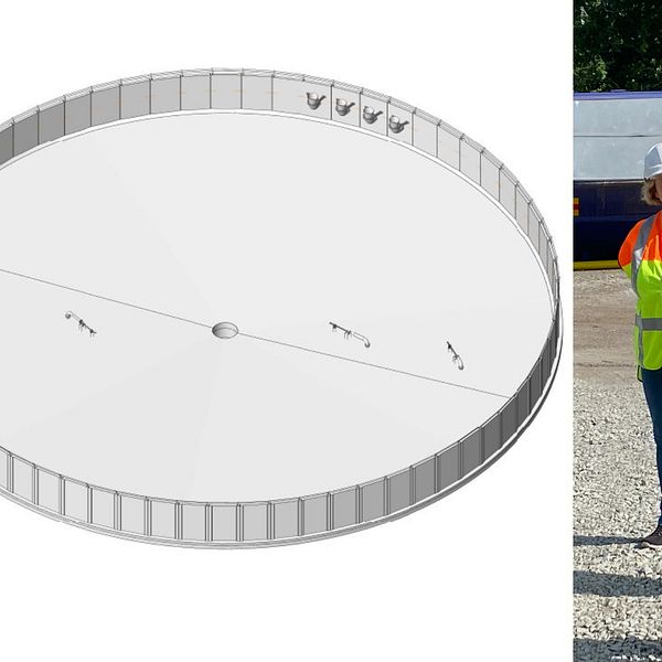 Illustration över utjämningsmagasinet och bild på tjänstemän och politiker vid byggplatsen.