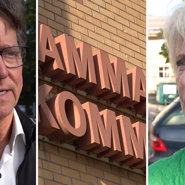 Splitbild med oppositionsråd Bosse Henriksson till vänster, en bild på Hammarö kommunhus i mitten och kommunstyrelsens ordförande Solweig Gard till höger