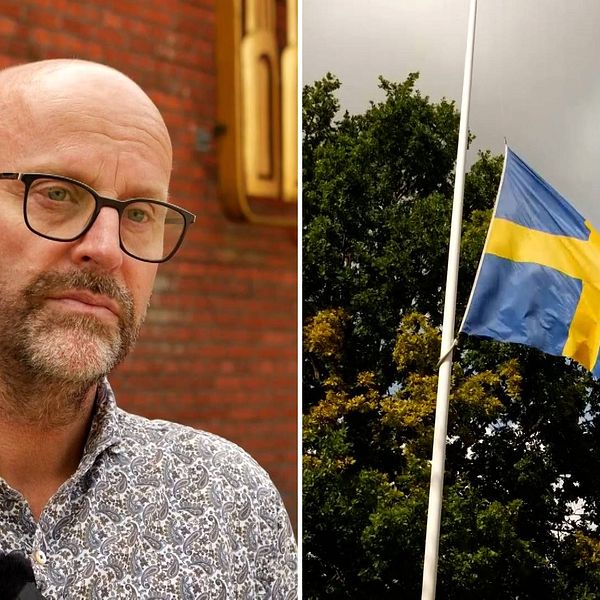 Kommundirektör i Falköping Lars Svensson till vänster, svenska flaggan på halvstång till höger.