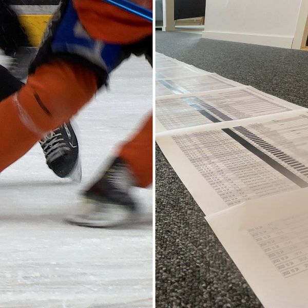Till vänster är det hockeyspelare på is med skridskor och utrustning på(genrebild), till höger flera pappersblad som ligger på golvet där namn är utsuddade.