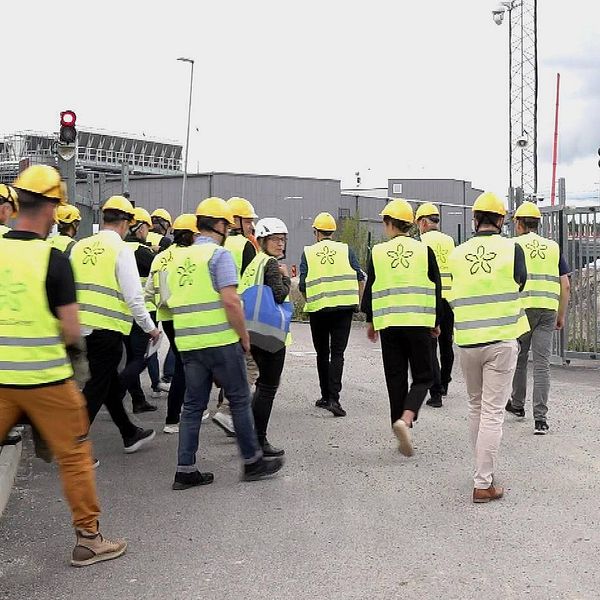 Folksamling på ca 20 personer i varselvästar och gula hjälmar går in genom grinden till en industrianläggning som syns i bakgrunden.