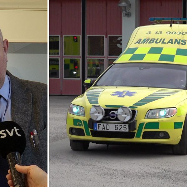 Till vänster står en man i kostym framför en microfon, till höger en ambulans