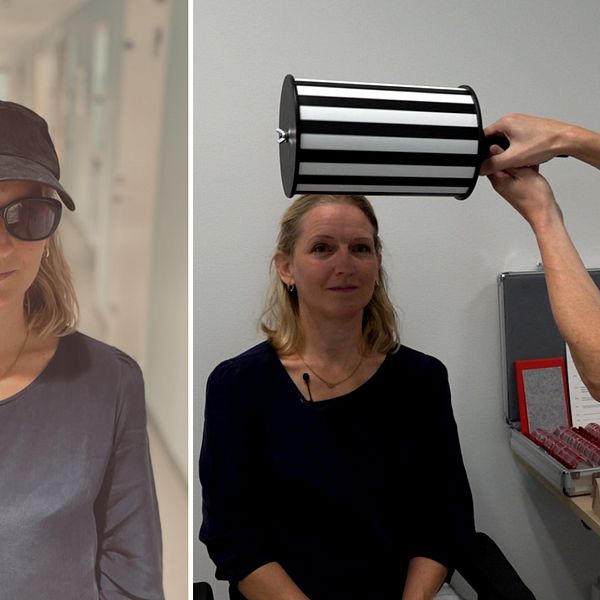 Helena Sternberg har solglasögon och gör ett ögontest hos forskaren.