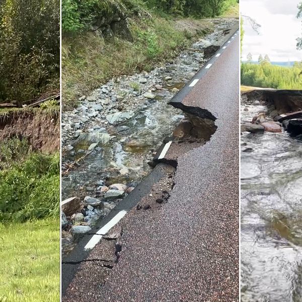 Tre olika bilder som visar skadorna som regnet orsakat i Årjäng.