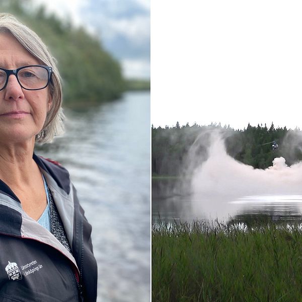 Ingela Tärnåsen på Länsstyrelsen i Jönköpings län. Helikopter som släpper kalk i en sjö.