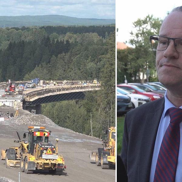 Till vänster: Bygge av västra länken. Till höger: Anders Ågren, moderat politiker i Umeå, iklädd kavaj och glasögon.