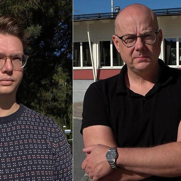 Till vänster: Bild på Johan Åberg, med glasögon och kort hår fotograferad utomhus. Till höger: