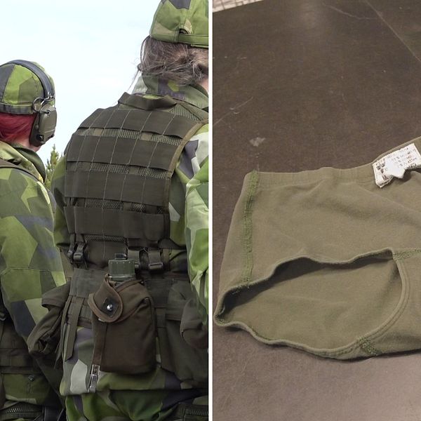 Splitbild. Till vänster fyra kvinnor i försvarets uniform. Till höger ligger ett par gröna underkläder på en bänk