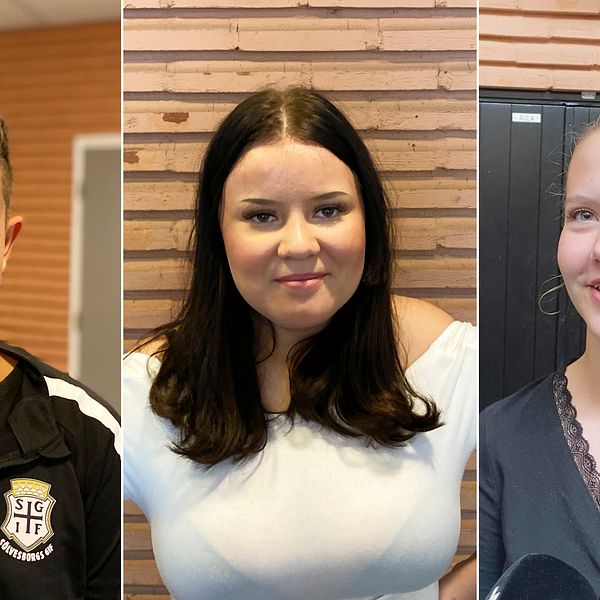 Tredelad bild på skolelever i korridorerna på Bokelundsskolan i Sölvesborg. Eleverna heter Alexandar Petrovic, Gloria Ikonen och Klara Nilsson.