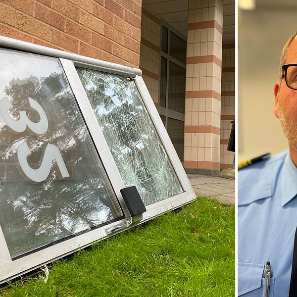 En dörr till ett bostadshus ligger på marken med krossat glas. Till höger polisen Robert Karlsson.