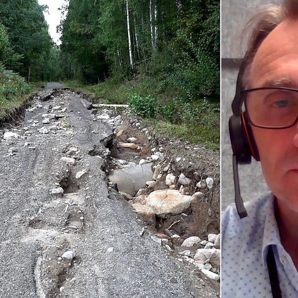 Till vänster en väg som är förstörd av höga vattennivåer. Till höger Staffan Eriksson, enhetschef för enskilda vägar på Trafikverket.