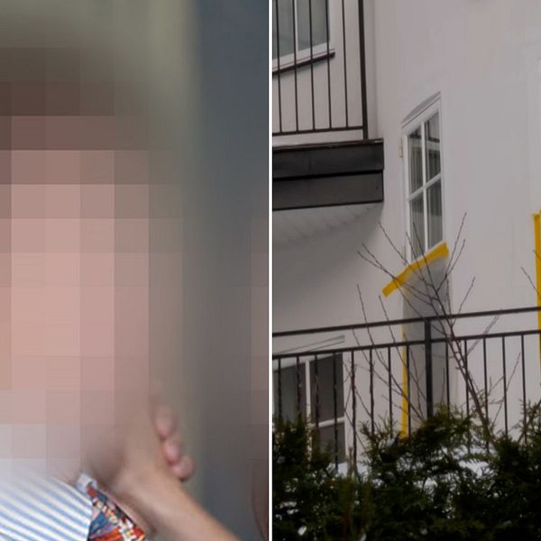 En blurrad bild på en person och fasaden av ett hus.