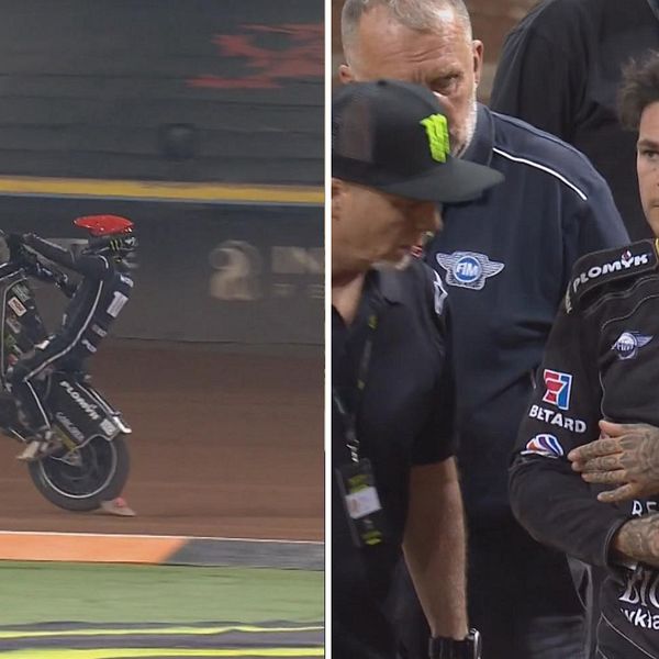 Speedwaymotorcykel som stegrar innan olycka och en bild på speedwaystjärnan Tai Woffinden efter olyckan där han stödjer sin brutna arm.