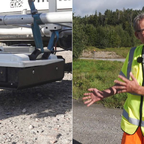 Till vänster en radar som är fäst under ett fordon, till höger Magnus Larsson i arbetarkläder.