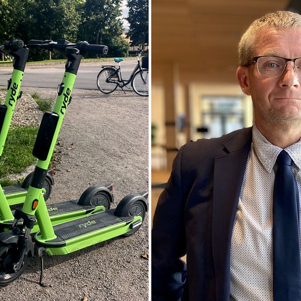 Till vänster: Tre elsparkcyklar. Till höger: Per Sandberg.