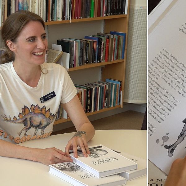 Läraren Moa Rosenberg sitter i ett bibliotek