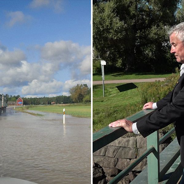 Delad bild. Till vänster syns en lastbild som kör i djupt vatten i samband med en översvämning. Till höger står en man, Boo Westlund (OR) i kommunstyrelsen i Hagfors, på en bro iklädd en svart kavaj.