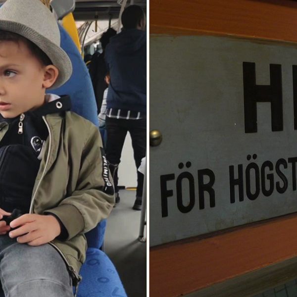 Till vänster en pojke, Nima, som sitter på en buss. Till höger en bild på en hiss.