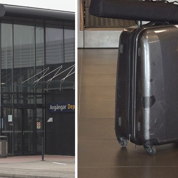 Splitbild på flygplatsen i Ängelholm och en resväska.