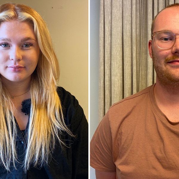 Till vänster blond kvinna i svart blus som tittar in i kameran. Till höger korthårig man med glasögon som tittar in i kameran, beige t-shirt. Michelle Rajalampi från Olofström, Simon Gustafsson från Kallinge. Yrkeshögskola, Campus Ronneby Kunskapskälla.