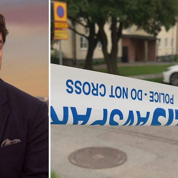 SVT:s reporter Diamant Salihu till vänster. Till höger en bild på polisavspärrningar.