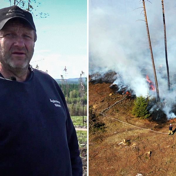 Till vänster markägaren Bengt Vingborn, till höger bilder från när hans mark brann i maj.