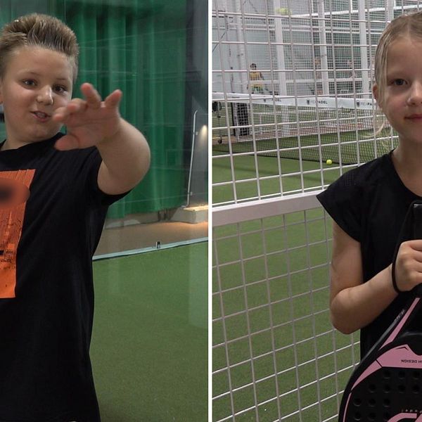 Pojke i svart och orange t-shirt håller ett padelrack bakom huvudet och sträcker fram en hand mot kameran. Flicka i svart t-shirt håller ett padelrack framför magen och tittar mot kameran. Sölvesborg, Rex padel.