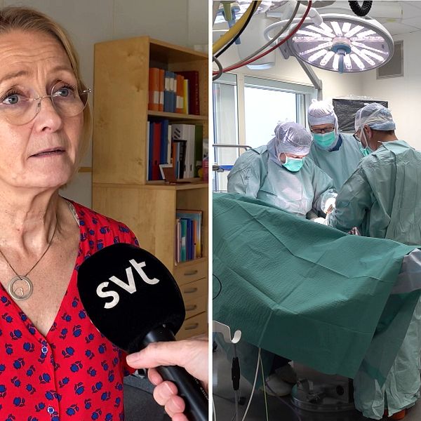 Till vänster i bild pratar Ingrid Edman i SVT:s mikrofon och till höger syns personal i en operationssal.