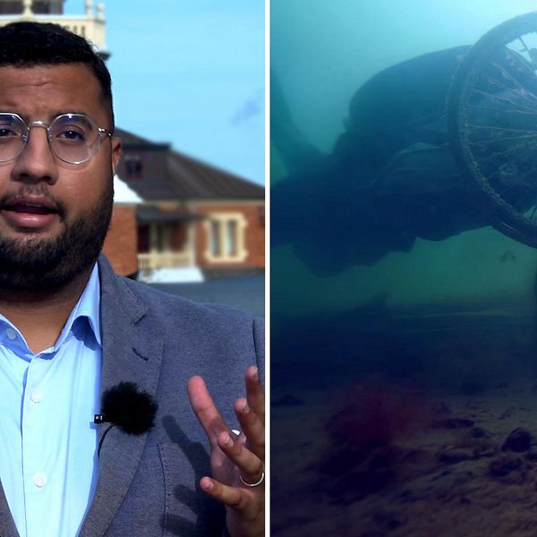 Liberalen Amir Jawad har öppen mun och händerna i luften som att han pratar om något egnagerat. Bredvid honom är en undervattensbild på skräp från havet.