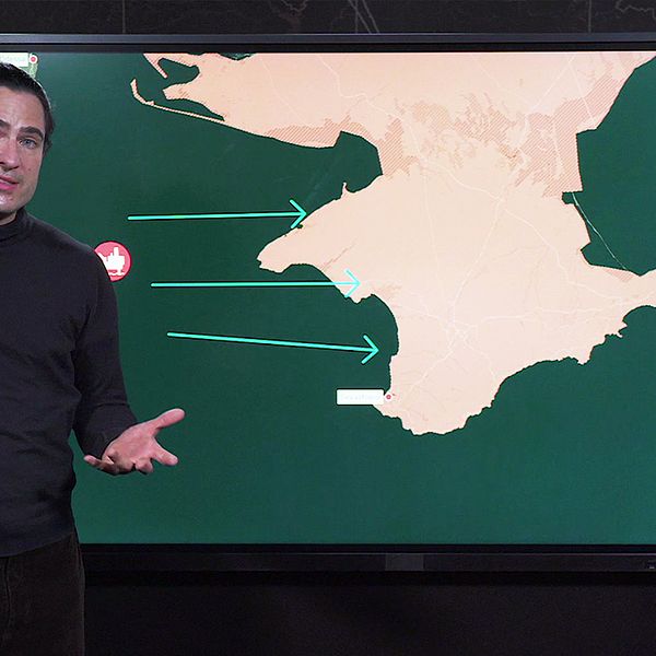 Carl Fridh Kleberg står framför en skärm med en karta över Krim.
