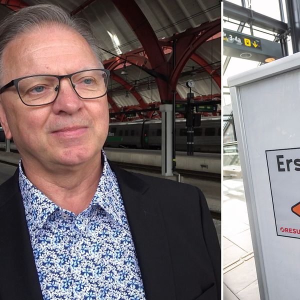 till vänster Mats Ohlsson på Skånetrafiken på Malmö central; till höger en skylt om ersättningsbussar
