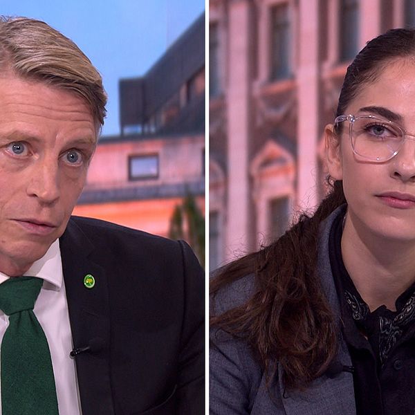 Miljöpartiets språkrör Per Bolund och klimat- och miljöminister Romina Pourmokhtari (L).