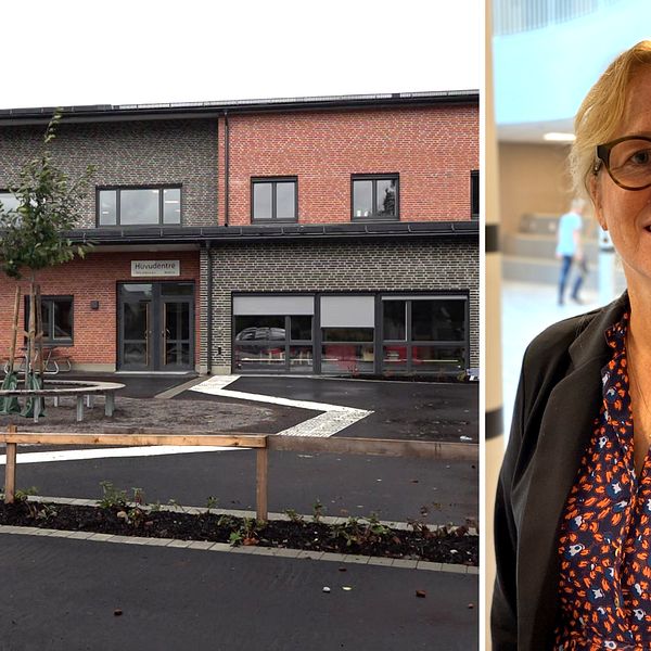 På höger sida är en bild på utsidan av den nya skolan i Rörvik och på vänster sida är det en bild på Therese Petersson som står inne i den nya skolan.