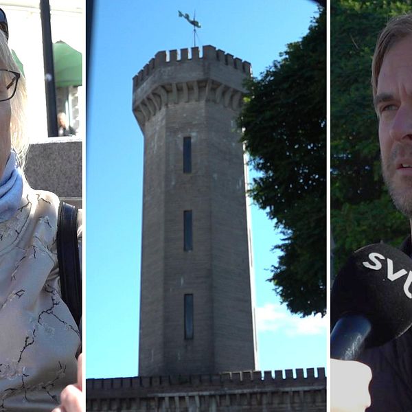 Kvinna i ljus jacka och med glasögon tittar till höger i bild, i mitten vattenborgen i Karlskrona, till höger man framför ett träd och lyktstople som tittar åt vänster i bild.