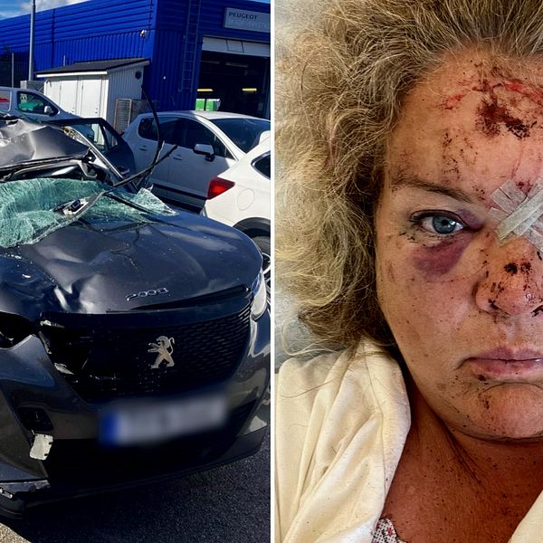 Tvådelad bild, till vänster på en demolerad bil, till höger en bild på Cecilia Läckberg Blom när hon har flera skador i ansiktet och plåster mellan ögonbrynen.