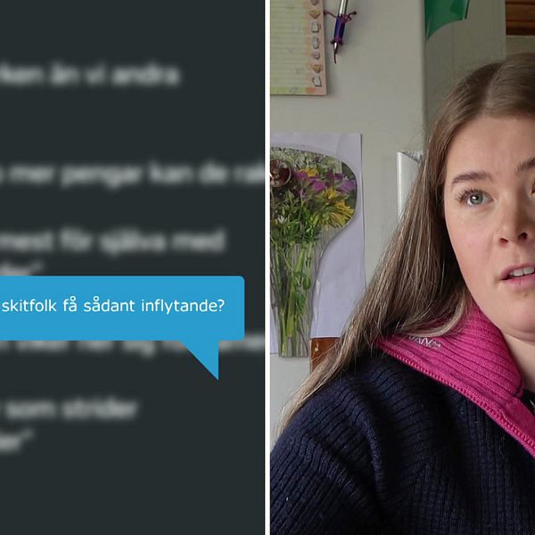 Till vänster: Bild på en pratbubbla med texten ”Hur kan man låta skitfolk få sådant inflytande”. Till höger: Renskötaren Tanja, ung kvinna fotograferad i sitt hem när hon kommenterar hatet mot samer.