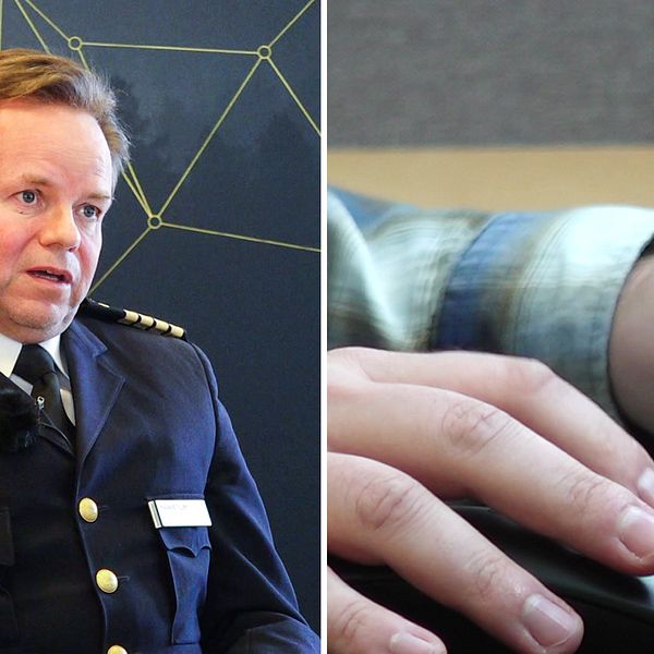 En man sitter i uniform framför en mörk bakgrund och en bild på händer som håller på ett tangentbord och en datormus.