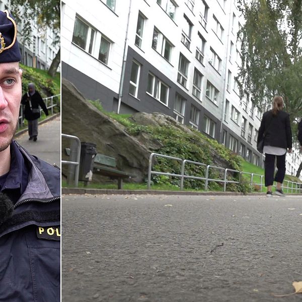 polisman i uniform, personer på gångbana med höstlöv och husfasad till lägenhetshus i Hammarkullen i Göteborg