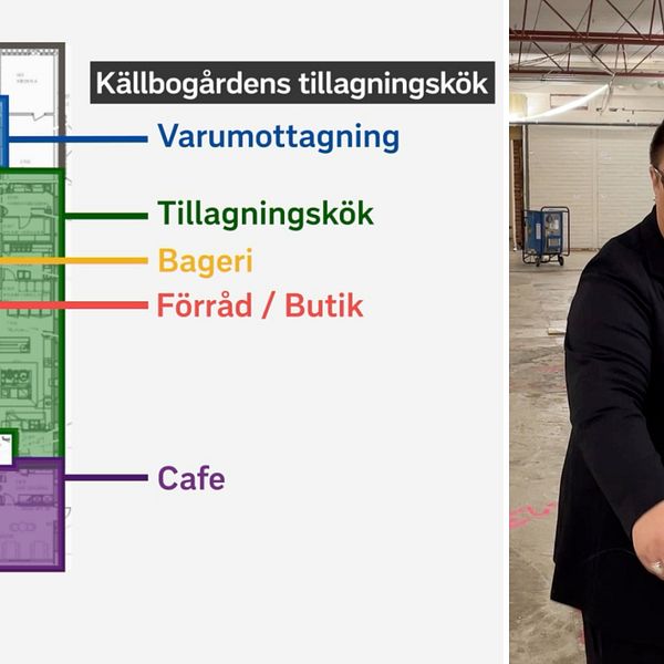 Surahammars kommunalråd visar hur det nya köket ska se ut. Till vänster syns en skiss över det.