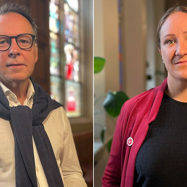 Splitbild med Kommunalrådet Lars Thunberg (KD) till vänster och oppositionsrådet Jenny Björklund Hansson (V) till höger.