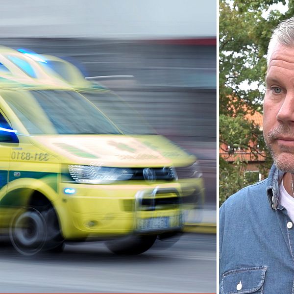 Gul ambulans med blåljus på. Gråhårig man med blå jeansskjorta tittar snett åt vänster i bild. Patrik Karlsson, akutmottagningen Blekingesjukhuset.