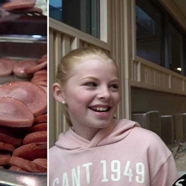 Till vänster: Närbild på falukorv i skolmatsalen. Till höger: Två mellanstadietjejer på Lugnviksskolan ser glada ut.