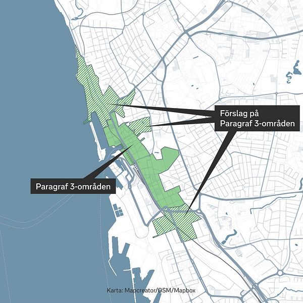 En digital karta över Helsingborg och nuvarande samt föreslagna Paragraf 3-områden.