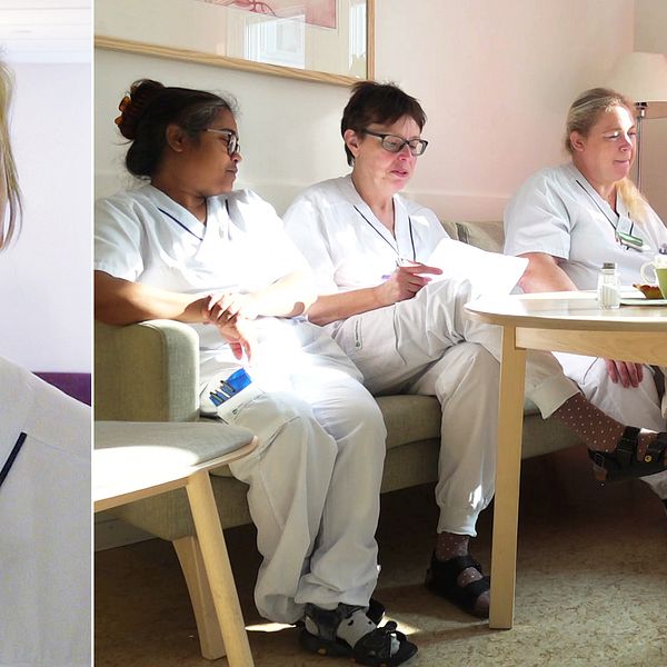 sjuksköterskor i lunchrum på sjukhus i vita arbetskläder