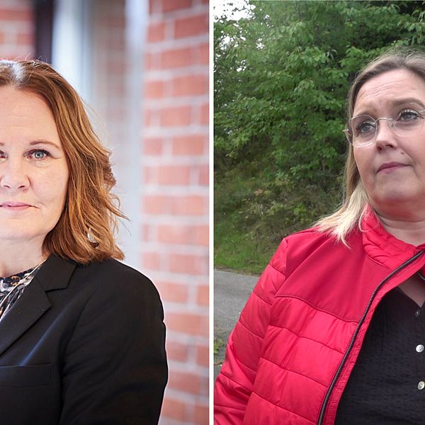 Habos socialchef Pernilla Ekberg med svart kavaj och en svartpricking blus under, samt Kommunals Anki Fodor med en röddunjacka.