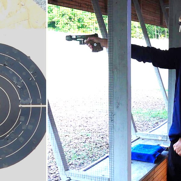 Svart måltavla med skotthål i mitten. Man med blå hörselkåpor står upp och håller ut en pistol med rak arm. Emil Thomsson, Hasslö, pistolskytte.