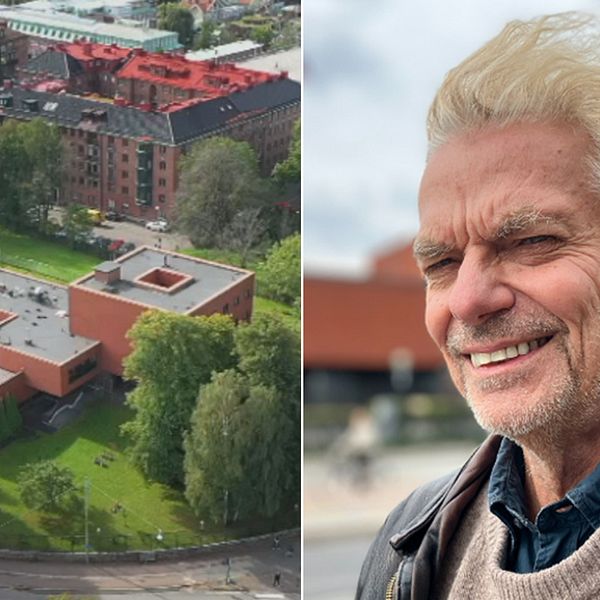 Stort rött hus  med omkringliggande trädgård från ovan, man i långt ljust hår iklädd skinnjacka