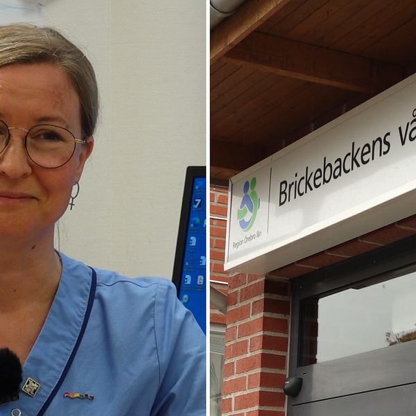 Läkaren Helena Borenäs och en skylt vid Brickebackens vårdcentral i Örebro.