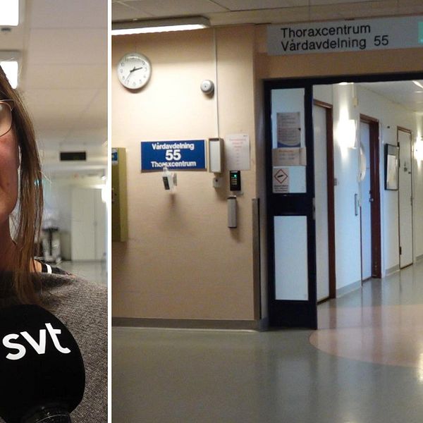 Kvinna med brun tröja, brunt hår och glasögon tittar åt höger i bild. Sjukhuskorridor med öppen dörr till Thoraxcentrum.
