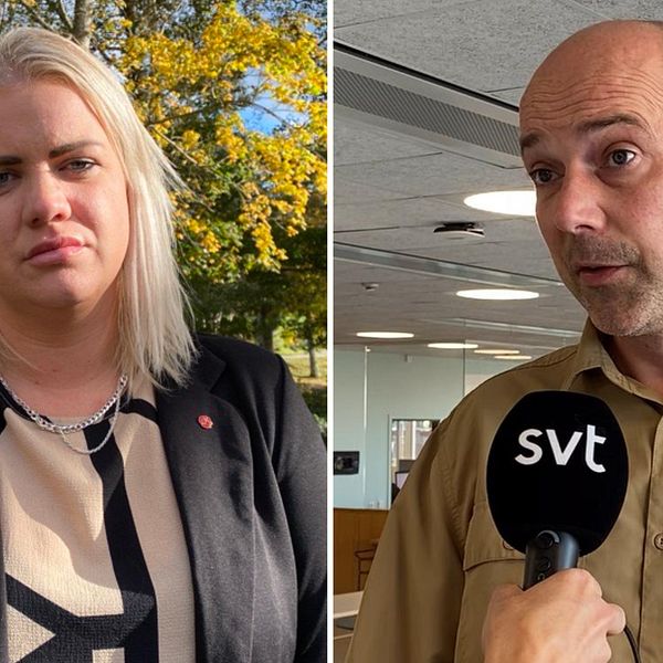 Kvinna med blont hår står framför höstgula träd. Man med beige skjorta står i kommunhusets entré i Karlskrona. Bubbetorps gård, Elina Gustafsson, Socialdemokrat, Filip Aronsson Issal, Liberal. Karlskrona kommun. Arbetsmarknadsnämnden.